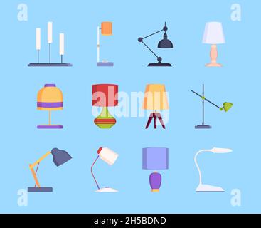 Desk lamp. Standing desk lamp interior modern decorative furniture garish vector flat illustrations isolated Stock Vector