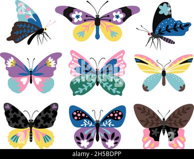Color drawing butterfly set. Stylized multicolor butterflies and moths, colorful papillons of wildlife, vector illustration creatures of fauna isolated on white background Stock Vector