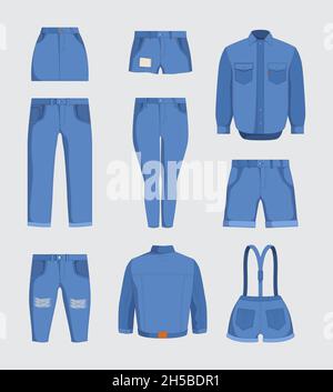 Jeans clothes. Denim fabric casual jackets and pants for male and female teenagers garment fashioned jeans garish vector illustration detailed flat Stock Vector