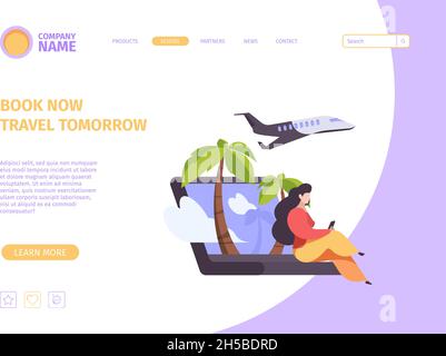 Online booking landing page. Website screen template with travellers concept scenes hotel purchase flying ticket check in on smartphone garish vector Stock Vector