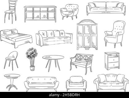 Sketches furniture. Modern interior objects chairs beds technical drawings for architectural design projects recent vector illustrations set Stock Vector