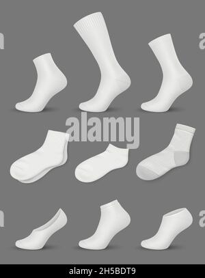 White socks. Collection of fashioned modern clothes for men white shoes socks mockup decent vector realistic set isolated Stock Vector