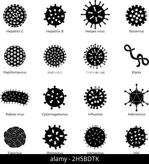 Bacteria set. Bacillus symbols human microbes stamp medical icons microorganism signs germ recent vector silhouettes illustrations set isolated Stock Vector