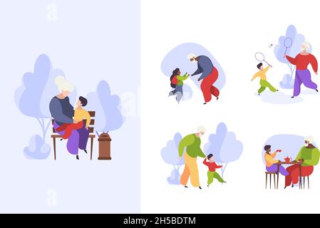Elderly person and grandchildren. Happy family old people playing with kids grandfather and grandmother walking together garish vector stylized Stock Vector