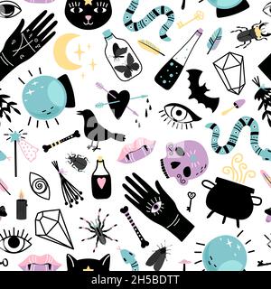 Elements for magician seamless pattern. Hand drawn collections for witch, magic cauldron with potion, snake and crystal ball for wizard, vector illustration concept of black witchcr Stock Vector