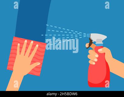 Cleaning surface. Washing, hand holding wipe and spray bottle. Protection service vector illustration Stock Vector