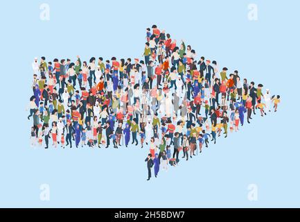 Crowd arrow. Success people walking in direction arrow shapes large growing group of persons garish vector marketing concept isometric illustration Stock Vector