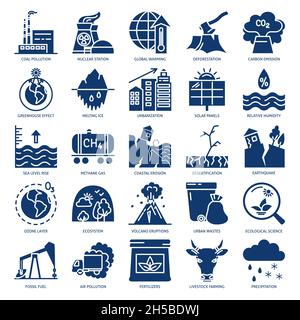Ecology and environment protection icon set in flat style. Global warming and climate change collection. Vector illustration. Stock Vector