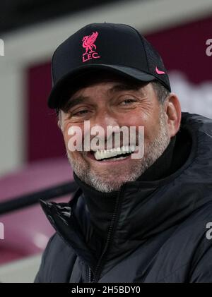 Liverpool manager Jurgen Klopp during the Premier League match between West Ham United and Liverpool at the Olympic Park, London, England on 7 November 2021. Photo by Andy Rowland. Stock Photo