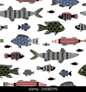 Marine fishes seamless pattern. Cartoon colorful underwater animals, stylish beautiful characters of saltwater, vector illustration set of sea fish isolated on white background Stock Vector