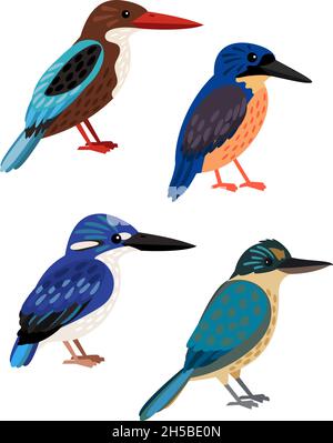 Small colored birds. Cartoon bright flying characters of ornithology, beautiful humming animals of sky, vector illustration set of kingfisher isolated on white background Stock Vector