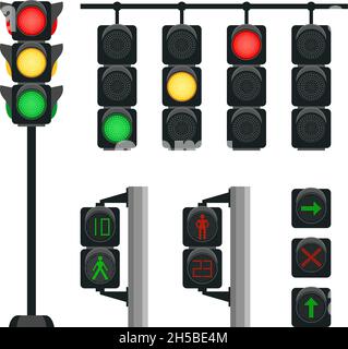 Realistic traffic lights. Safety signals for driving transport on intersection of street in city, vector illustration concept of urban safety with semaphore isolated on white background Stock Vector