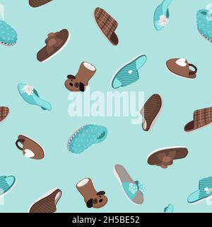 Slippers seamless pattern. Hand drawn home footwear, fur shoes and cozy sandals, vector illustration of cute comfortable shoe set Stock Vector