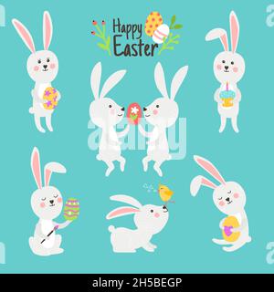 Happy easter bunnies with eggs. Cartoon cute rabbits celebrate day of spring, vector illustration of decoration elements of fun holiday isolated on cyan background Stock Vector