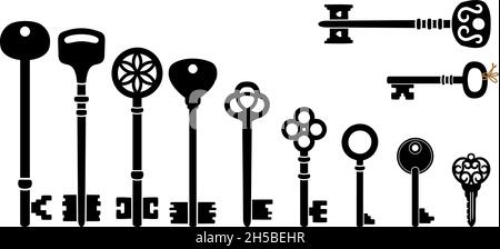 Retro key collection. Cartoon silhouettes of antique keys, icons of decorative object for access of house, vector illustration of medieval elements for door isolated on white backgr Stock Vector