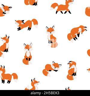Cute foxes seamless pattern. Cartoon funny red mammals with tails, vector illustration of forest animals with emotional faces isolated on white background Stock Vector