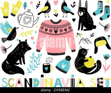 Scandinavian object set. Cartoon cute animals and birds, decorative stickers with forest characters, flowers and branches, vector illustration of cute poster with hand drawn element Stock Vector