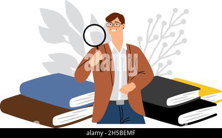 Scientist character. Male searching, looking through magnifying glass. Man look perspectives, student or businessman vector concept Stock Vector