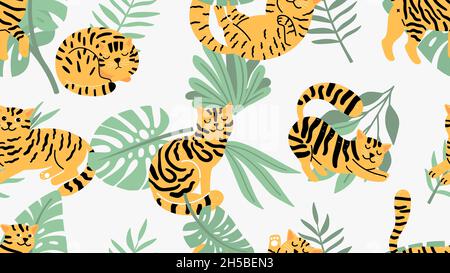 Jungle cats pattern. Black yellow color cat, comic tigers. Wild animals and tropical palm leaves vector seamless texture Stock Vector