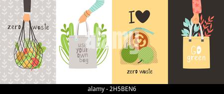 Eco cards. Zero waste, save nature and environment. Use own bags, textile shopping pack in hands vector banners Stock Vector