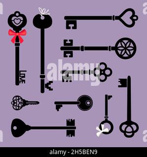 Decorative key icons. Cartoon silhouettes of medieval elements for door, retro elements access of house, vector illustration of antique keys isolated on purple background Stock Vector