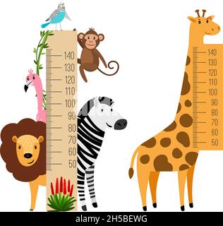 Measure growth kids. Childish rulers with cartoon animals, giraffe lion, monkey vector concept Stock Vector