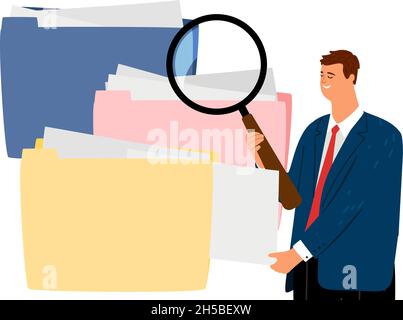 Man search document. File folders, businessman looking through magnifying glass. Big data catalog metaphor, saving and organization information vector concept Stock Vector