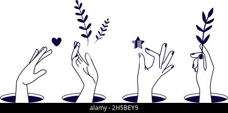 Hands from holes. Outline female hand holding star heart and floral branch vector set Stock Vector