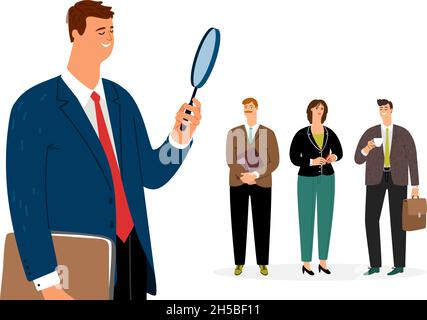 Man search employee. Hr manager, businessman looks through magnifying glass at jobseekers, vector concept Stock Vector