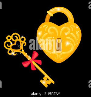 Golden key and padlock. Cartoon ornate symbol of security, antique elements for locking doors, vector illustration of decorative medieval objects for home protection on black backgr Stock Vector