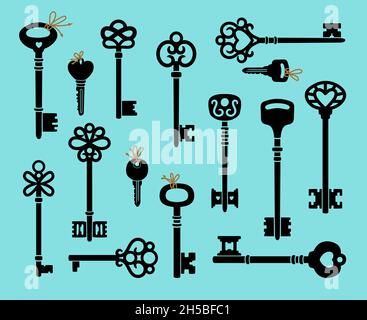 Antique keys. Cartoon decorative elements for opening doors, icons of medieval objects for access of house, vector illustration of silhouettes of key isolated on cyan background Stock Vector