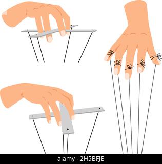 Puppet manipulation hands. Bossy leader manipulator with slave marionette control ropes, puppeteer manipulation palms with controlling strings vector illustration Stock Vector