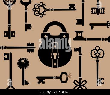 Retro keys and lock. Cartoon antique elements for access for house, medieval ornate objects for locking doors, vector illustration symbols of security Stock Vector