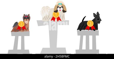 Dogs winner podium. Best in show concept. Cartoon dog with medals on numbers vector illustration Stock Vector