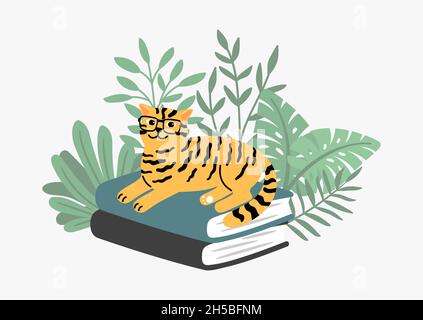 Clever cat on book stack. Tiger color kitten in plants, school time or education concept. Pet, wild animal vector print Stock Vector