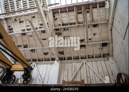 Workshop ceiling in need of repair at the Canal and River Trust's yard in Shropshire Stock Photo