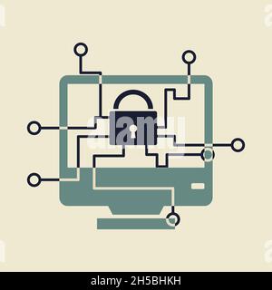 Computer screen with lock. Network security concept. Flat style illustration. Isolated. Stock Vector