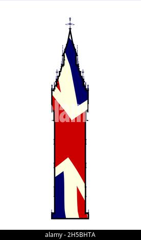 The London landmark Big Ben Clocktower inset with a union jack flag all over a white background Stock Photo