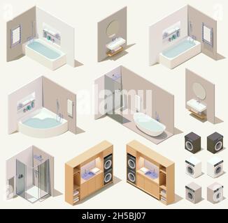 Bathroom interior isometric set with washing machine and bath on dark ...