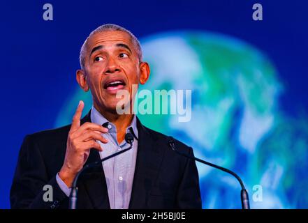 Glasgow, Scotland, UK. 8th November 2021. Former US president Barack Obama makes speech to delegates at the UN Climate change conference COP26 in Glasgow today.   Iain Masterton/Alamy Live News. Stock Photo