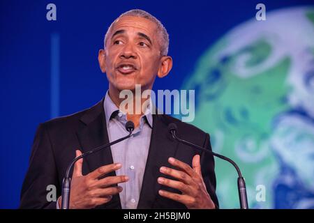 Glasgow, Scotland, UK. 8th Nov, 2021. PICTURED: President Barack Obama seen giving speech at COP26 Climate Change Conference. Credit: Colin Fisher/Alamy Live News Stock Photo