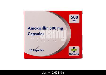 Pack of Amoxicillin Capsules 500 mg Noumed antibiotics used to treat a number of bacterial infections - antibiotic capsules, antibiotics pills Stock Photo