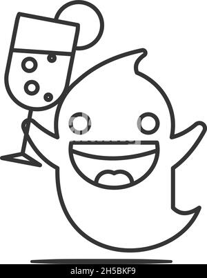 Excited ghost with a cocktail glass. Celebration concept. Outline thin line illustration. Isolated on white background. Stock Vector