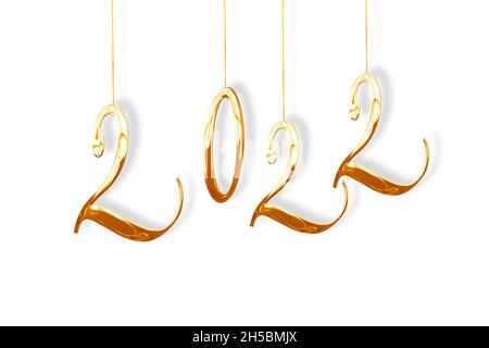 2022, new year card. hanging shiny numbers isolated on white background