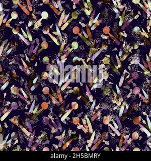 Exotic multicoloured boho geometric camouflage scatter print. Seamless autumnal dark ground detailed repeat pattern. Stock Photo