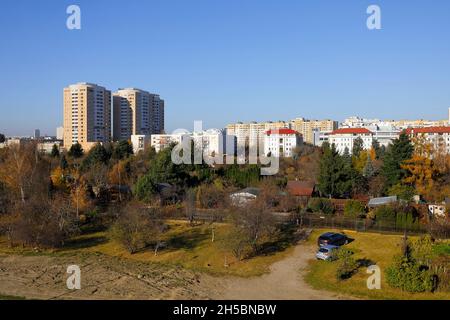 Warsaw, Poland - November 1, 2021: The generic view of the Goclaw housing district where many people live shows the coexistence of apartment buildings Stock Photo