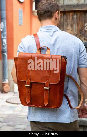 Brown leather backpack isolated on white Stock Photo