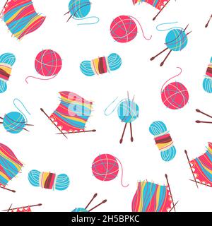 Seamless pattern with knitting. Handicraft and hand made. Feminine creativity hobby and shopping. Stock Vector