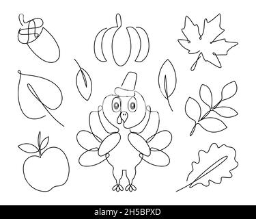 Thanksgiving Day line set. Simple vector illustrations: turkey, acorn, pumpkin, apple, autumn leaves. Isolated on white background. Stock Vector