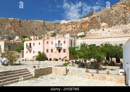 View upwards from the large square in the fortified town of Monemvasia in Laconia in the southern Peloponnese of Greece Stock Photo